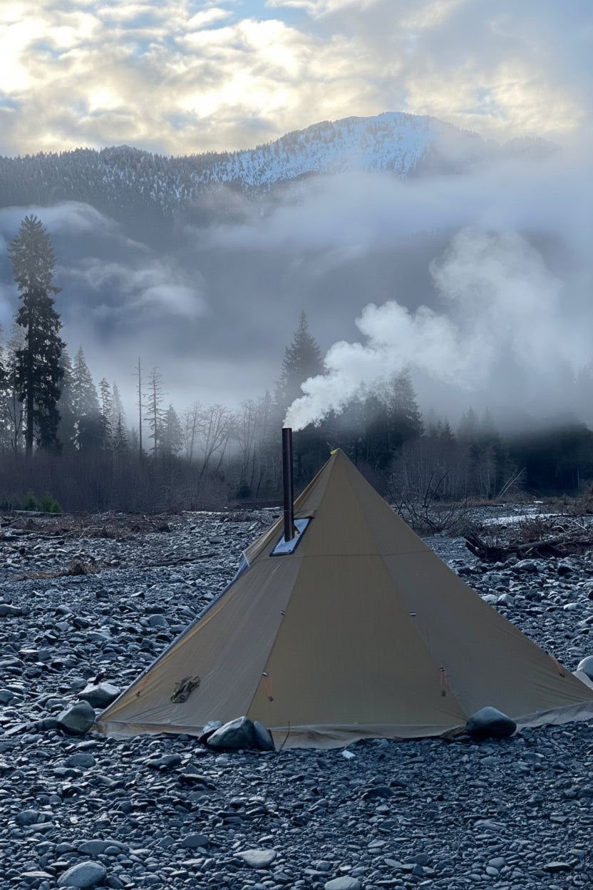 Ultralight backpacking elk hunting hot tent campsite with snowy mountain views
