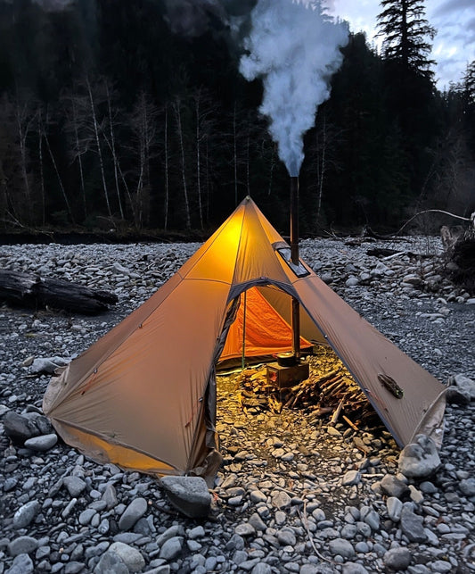 Ultralight hot tent backpacking with titanium tent wood stove
