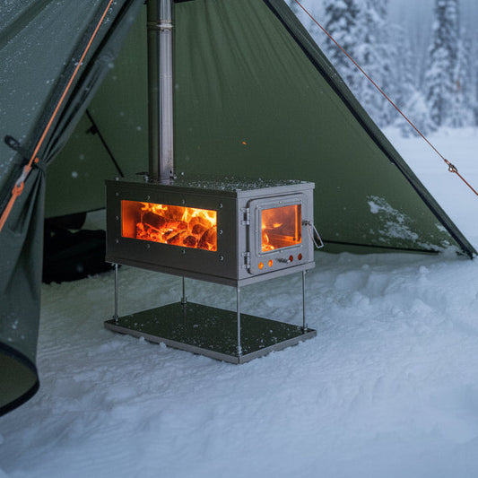 Ultralight hot tent stove in snow covered campsite 
