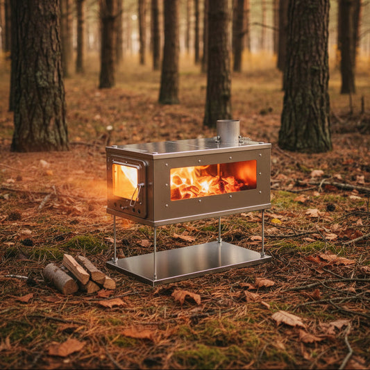 Ultralight titanium tent wood stove with side and front viewing windows