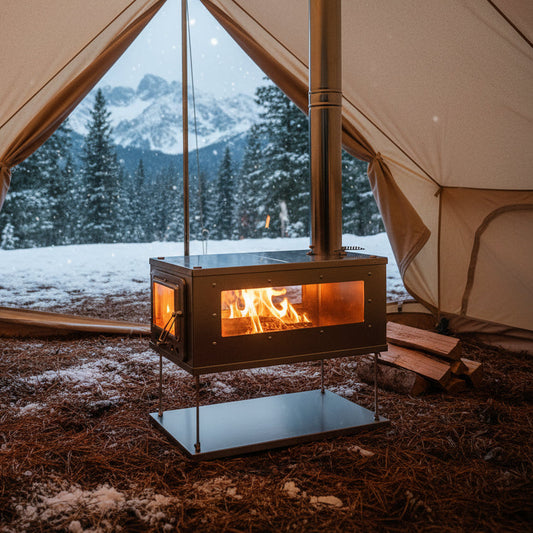 Collapsible wood stove inside floorless tent
