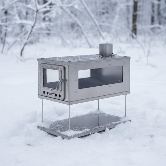 Titanium tent wood stove sitting on the snow in the forest