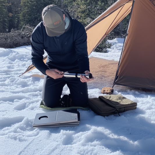 Titanium tent stove packed size backpacking campsite on snow