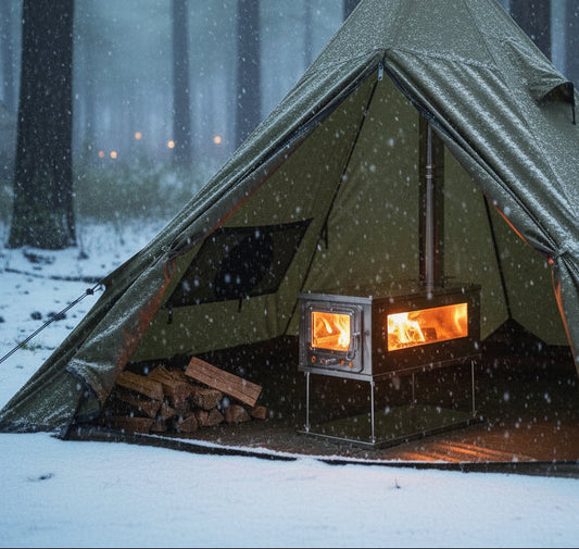 Winter camping campsite setup while in the snowy forest