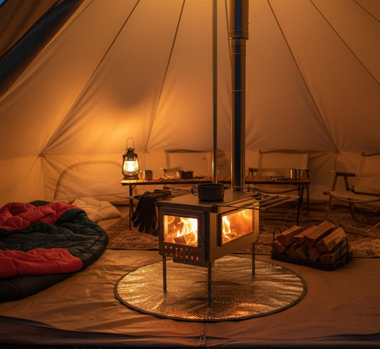 Wood stove inside family style tent 