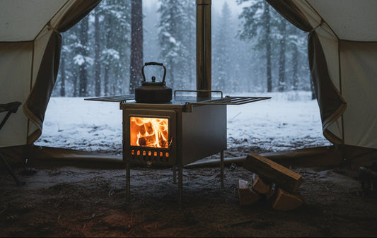 Wood stove inside tent while its snowing outside in the forest