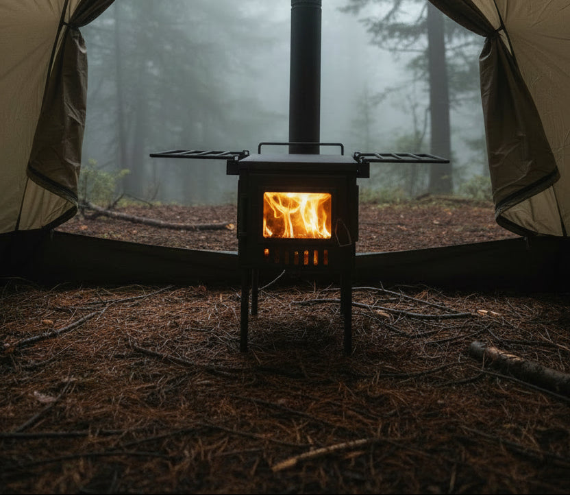 Wood stove setup in floorless hot tent campsite 