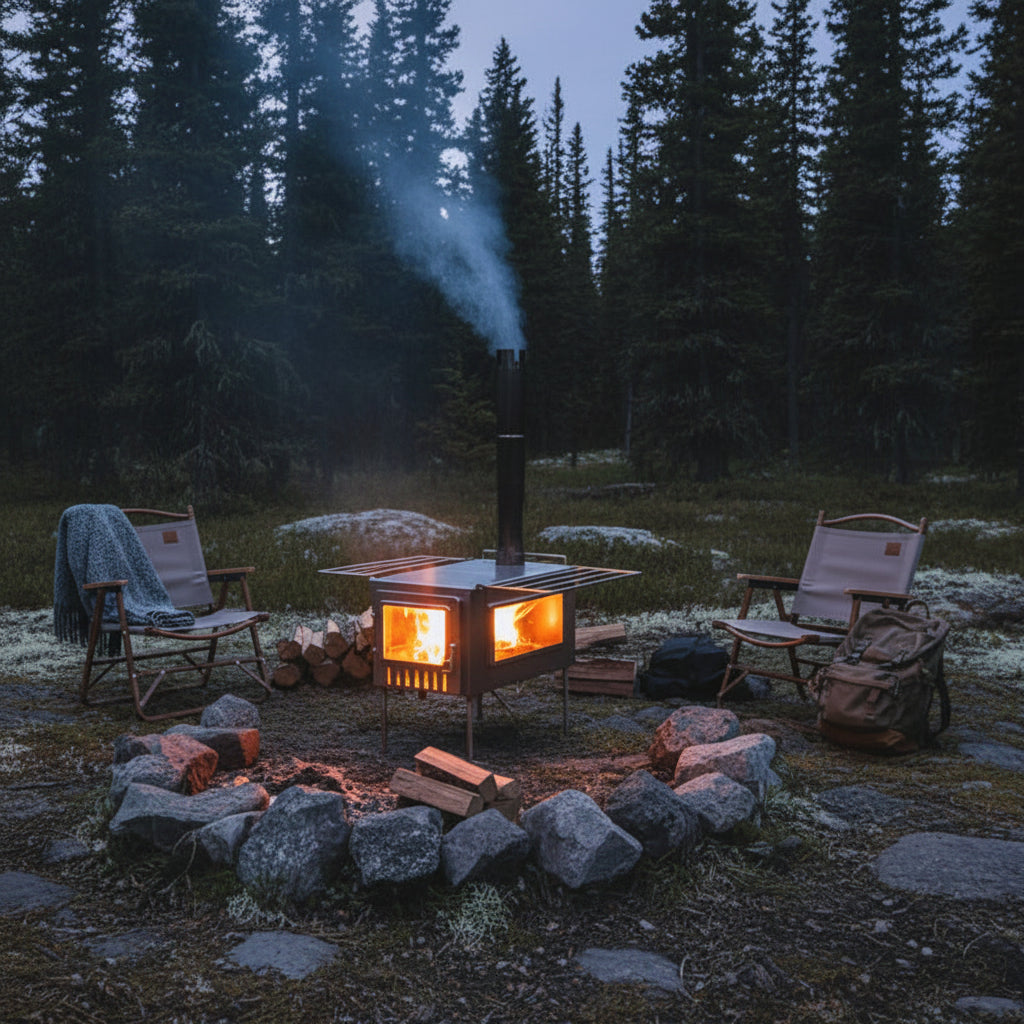 Wood stove as campfire replacement in outdoor campsite with camp chairs