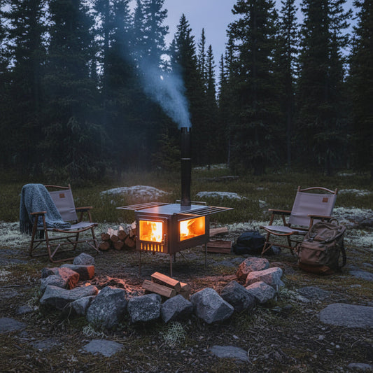 Wood stove as campfire replacement in outdoor campsite with camp chairs