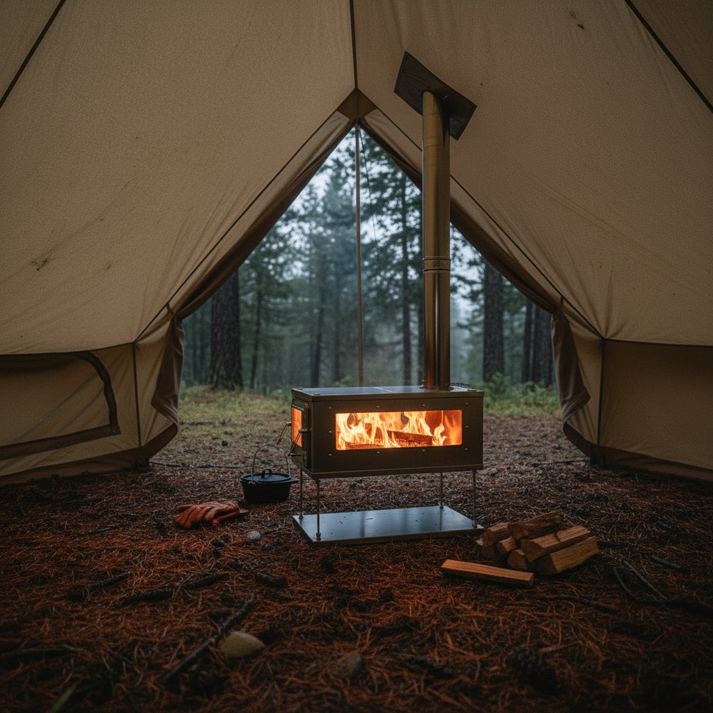Wood stove inside a floorless tent camping in the forest 