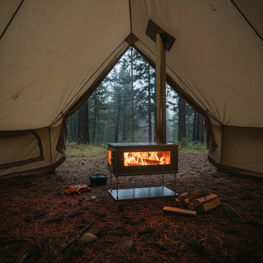 Wood stove inside a floorless tent camping in the forest 