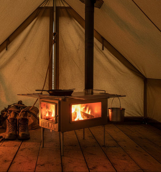 Cast iron pan on wood stove in hunting camp