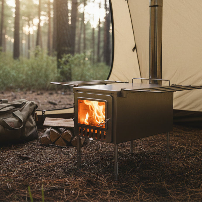 Wood stove inside Hot Tent while camping in the forest