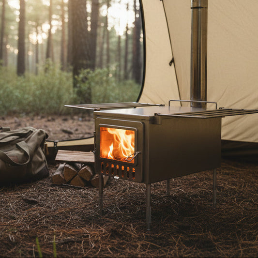 Wood stove inside Hot Tent while camping in the forest