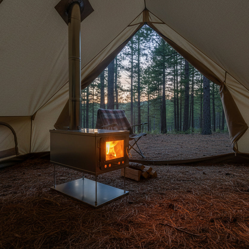 Wood stove inside hot tent in campsite