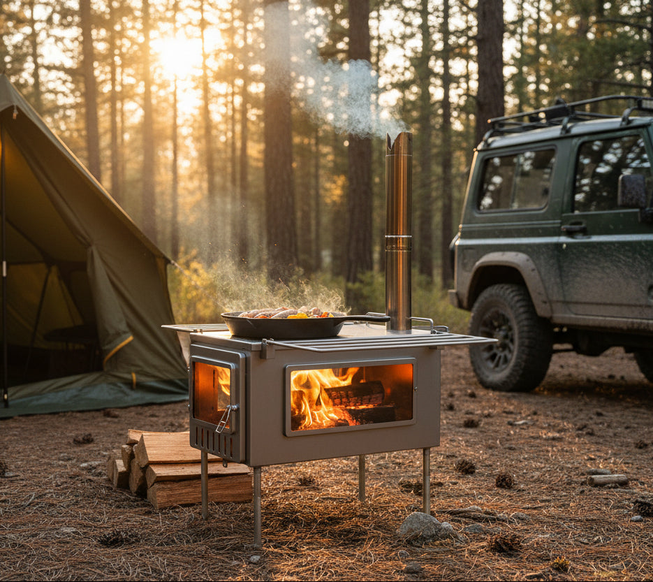 Cooking food in car camping campsite on wood stove using cast iron pan