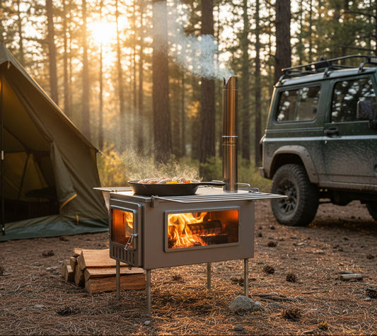 Cooking food in car camping campsite on wood stove using cast iron pan