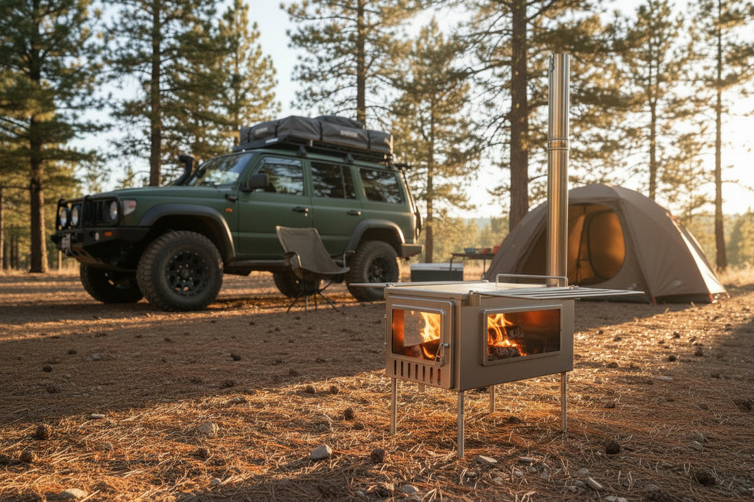 Wood stove in campsite with overlanding 4x4