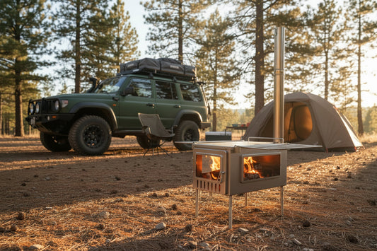 Wood stove in campsite with overlanding 4x4