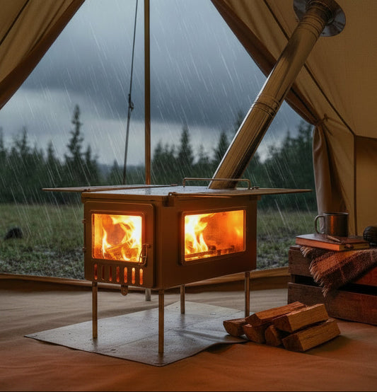 Tent wood stove camping in the rain