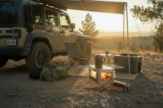 X-stove XL Wood Stove overlanding campsite with awning and mountain view