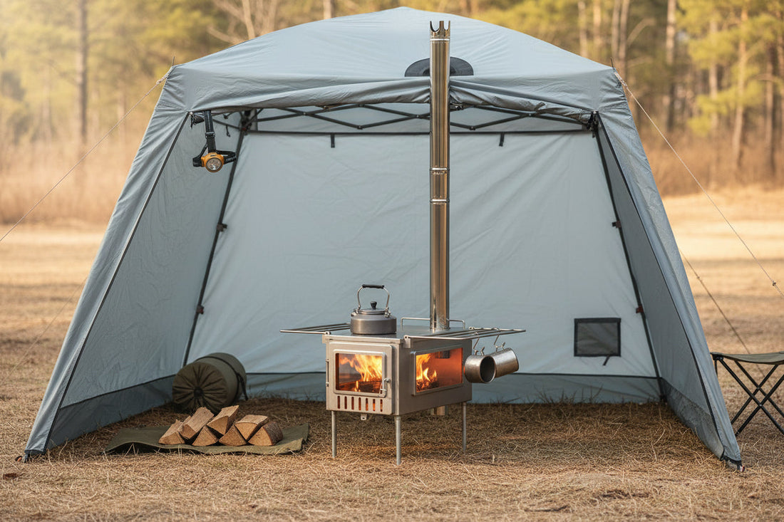 Tent Wood Stove in Pop-up Canopy in Campsite