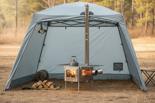 Tent Wood Stove in Pop-up Canopy in Campsite