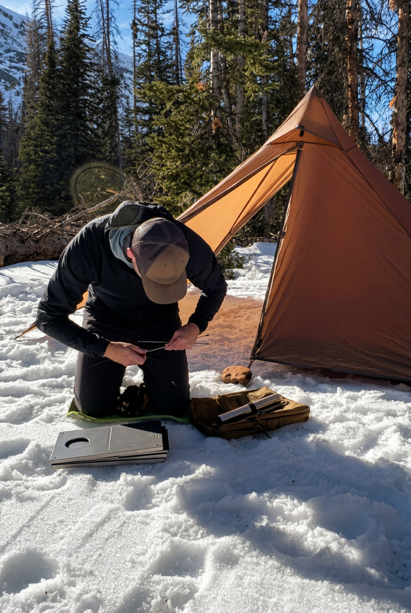 Collapsible tent wood stove campsite build while winter camping