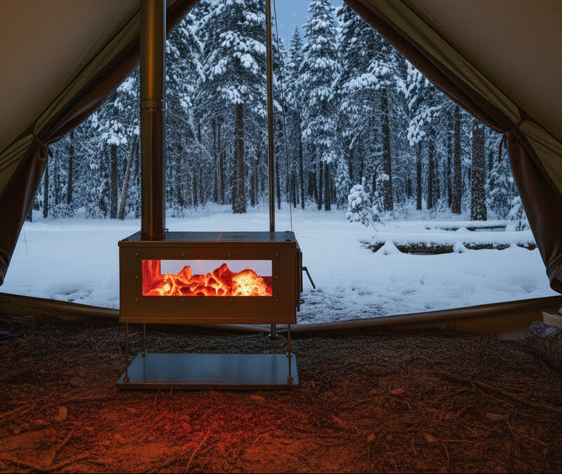 Hot tent camping in a snowy forest campsite with wood stove