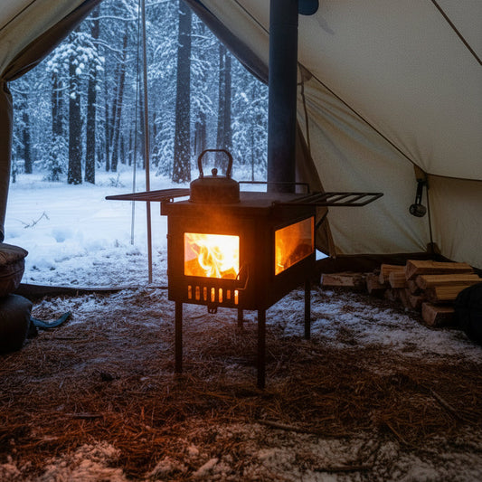 Kettle on tent wood stove stovetop while camping in the snow