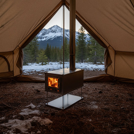 Titanium collapsible tent wood stove in backcountry campsite