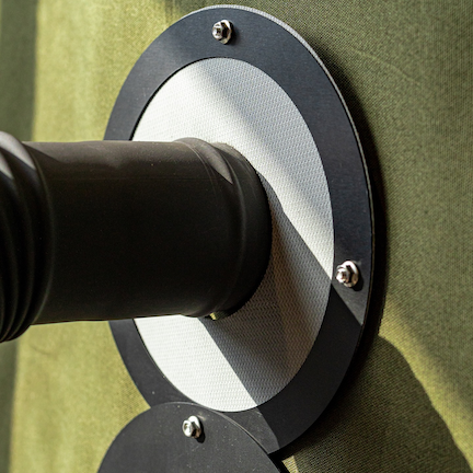 Hole-jack Tent Stove Jack DIY Kit Example zoomed with chimney flue pipe