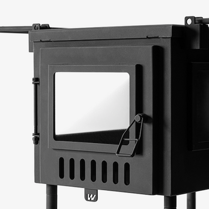 Hunter Hot Tent Stove front viewing door with glass window and air intake