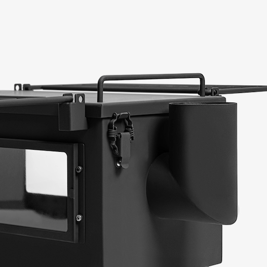 Hunter Hot Tent Stove flue pipe connection and stovetop latch