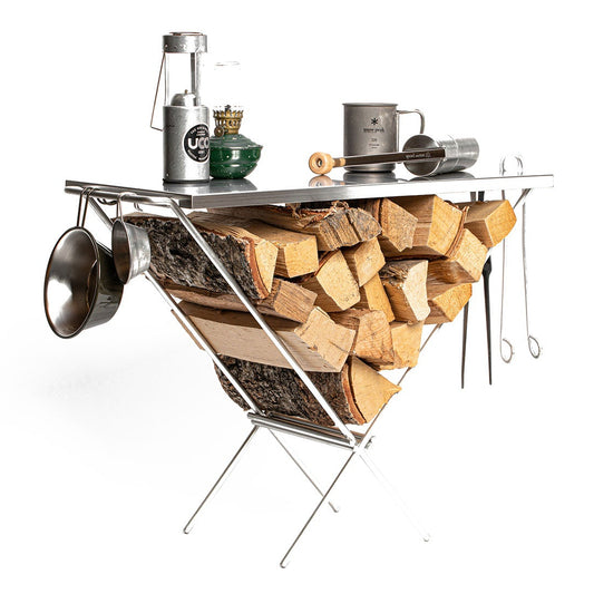 Log-table Folding Camp Table with firewood and camping gear