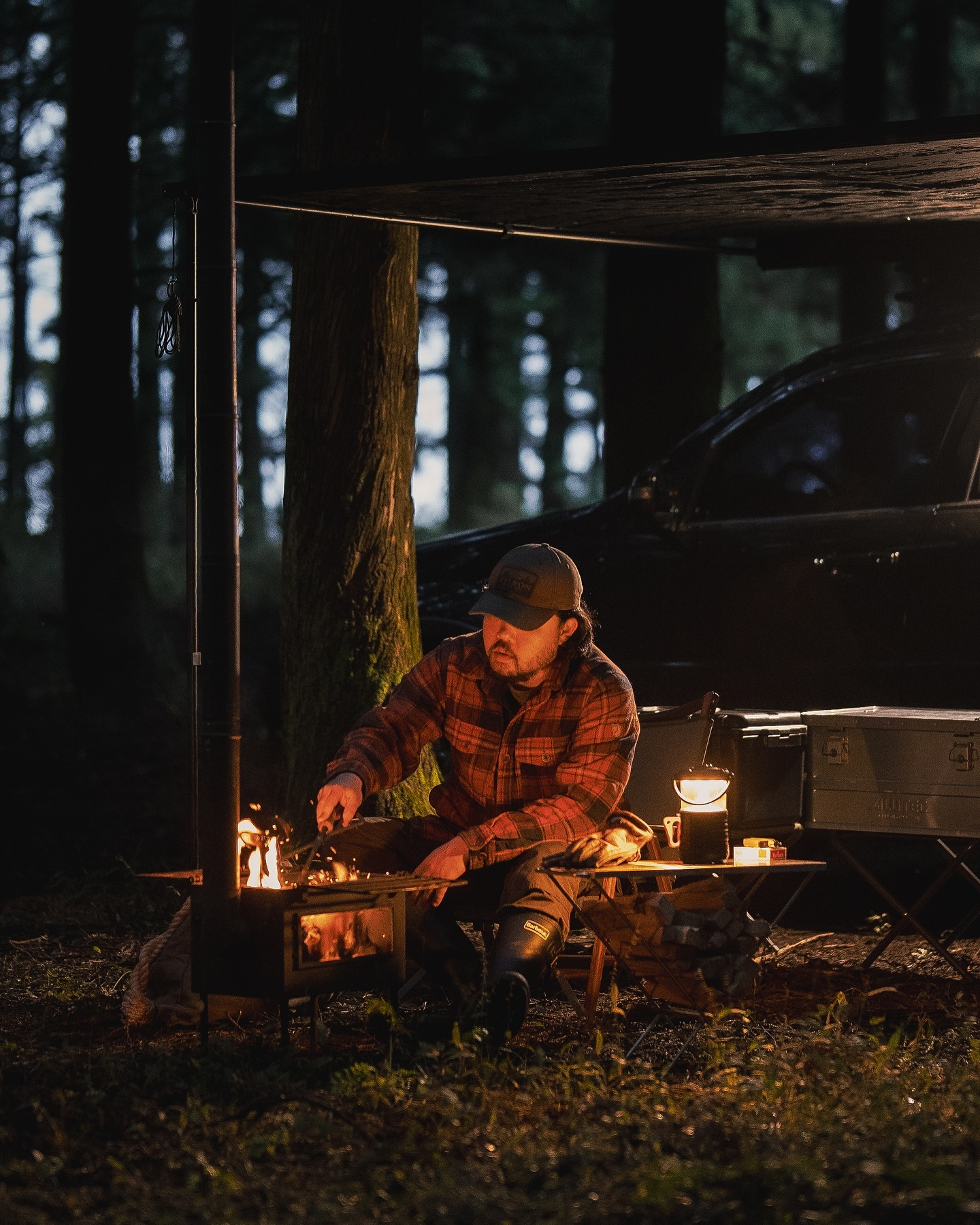Overlanding camp with wood stove