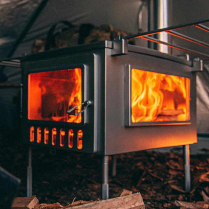 X-stove XL Hot Tent Stove with side view window and campfire inside