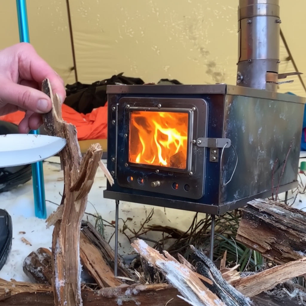 W-stove 3W Titanium Tent Stove splitting firewood with a knife in mountain campsite