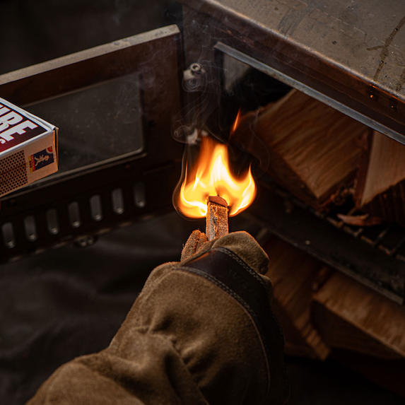 WFGL Campfire Gloves Fire Light inside a Tent Stove