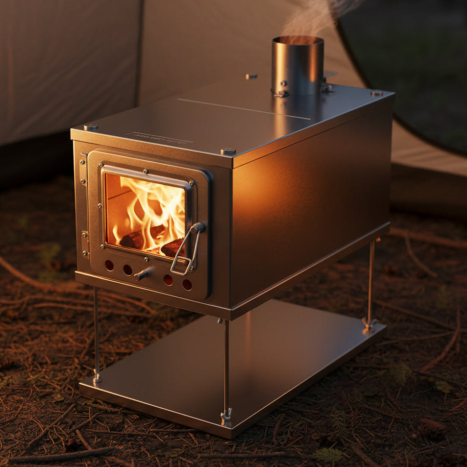 W-stove 3W Folding Tent Stove inside a shelter burning firewood