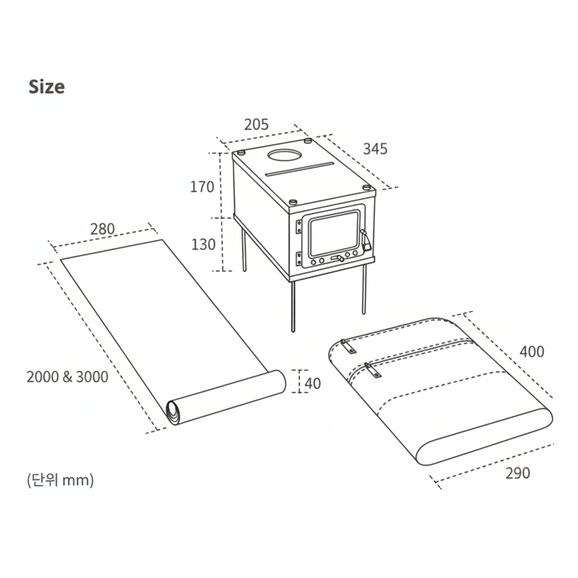 Technical drawing of a W-stove Tent Stove (3W) with dimensions labeled in millimeters by Wild Wild West