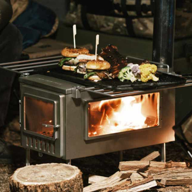 X-stove XL Camping Wood Stove with camping food on cooktop