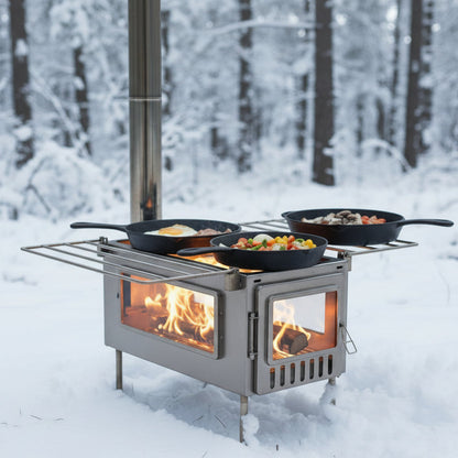 X-stove XL Tent Stove Cooking in Snowy forest with cast iron 