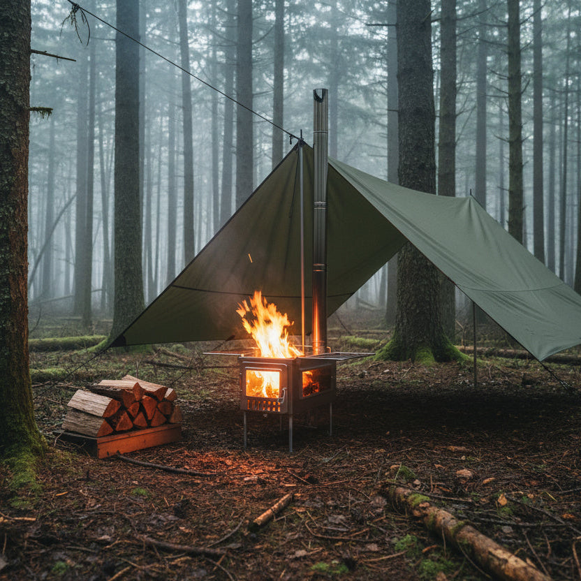 X-stove XL Wood Stove survival camp tarp campsite in the foggy forest