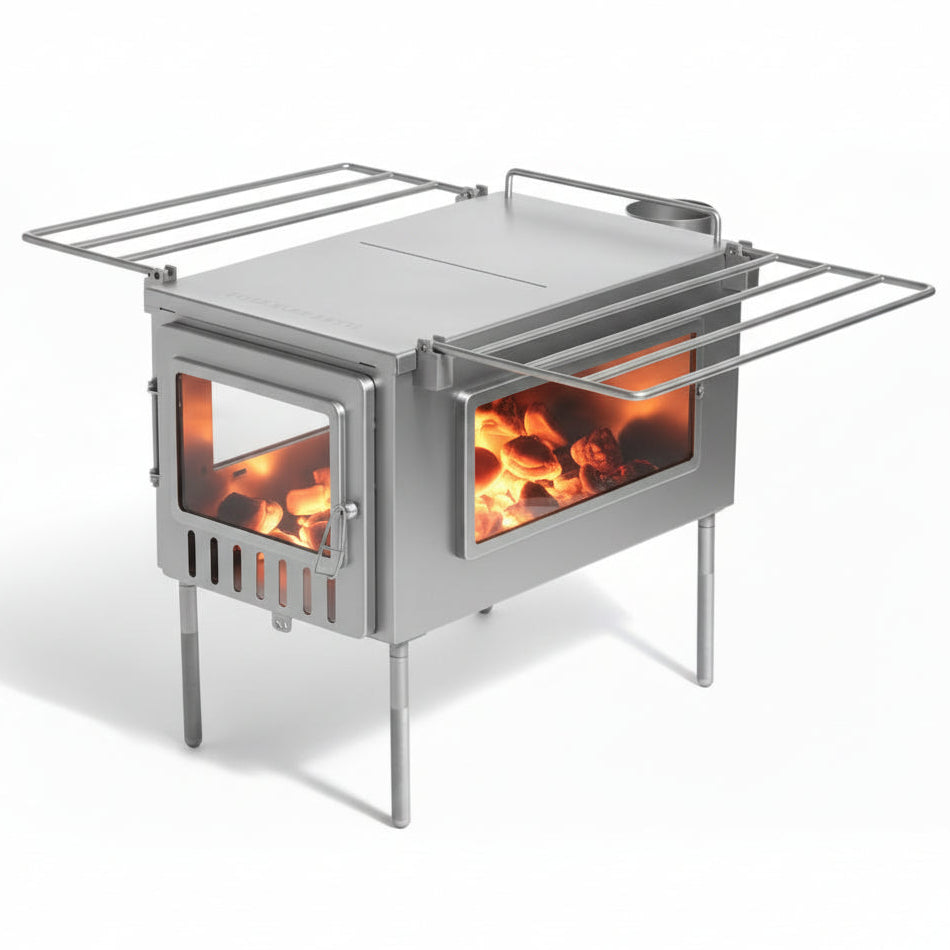 X-stove XL Tent Wood Stove side window profile view of hot coals