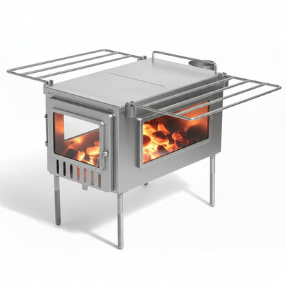 X-stove XL Tent Wood Stove side window profile view of hot coals