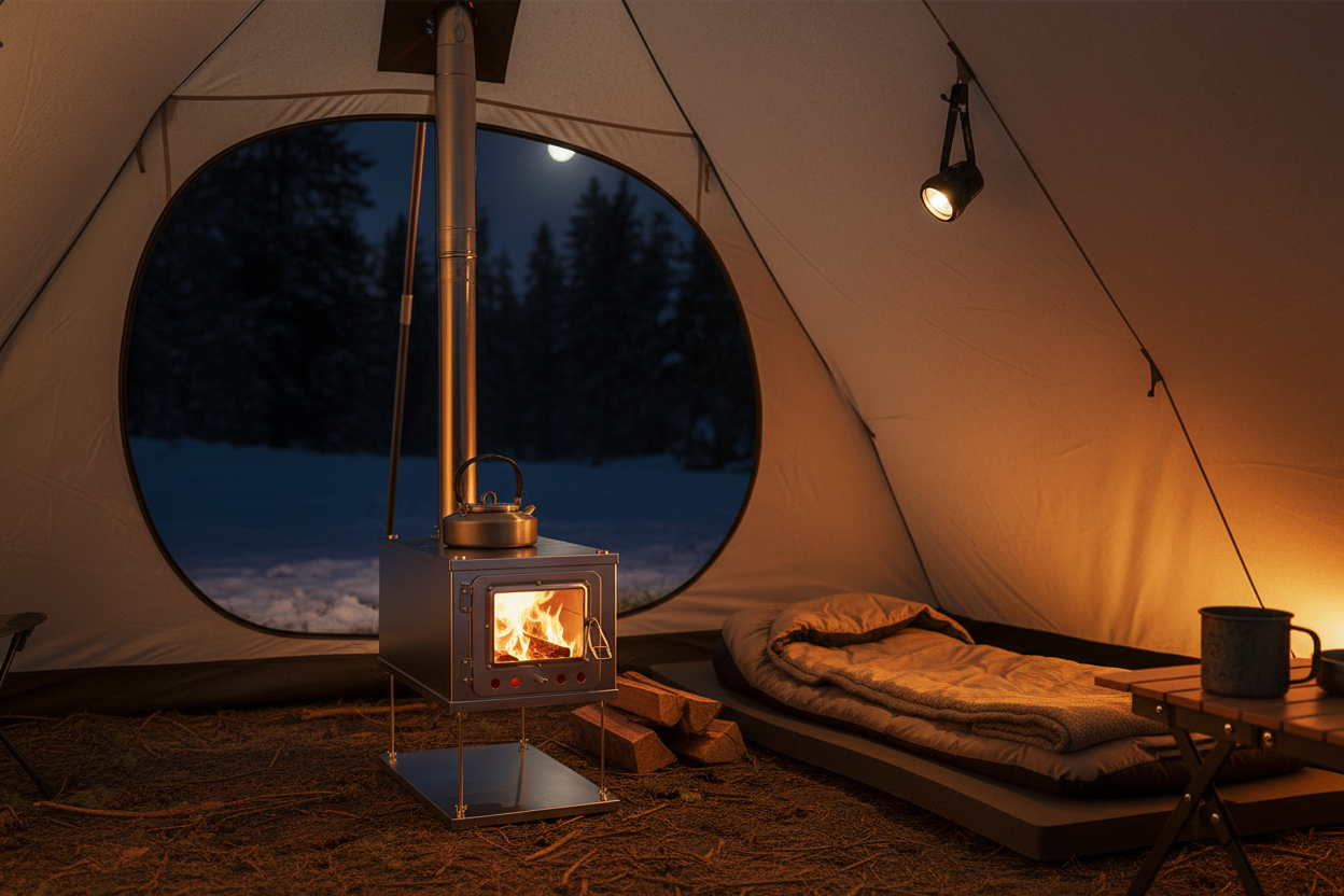 W-stove 3W Tent Stove In-Tent Use with cozy lighting and dark forest outdoors
